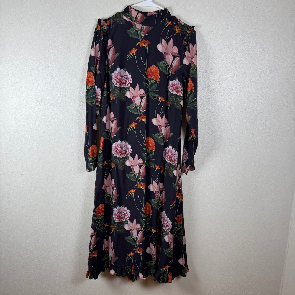 JUST Margot Maxi Dress Womens XS Black Floral Mock Neck Ruffle Long Sleeve